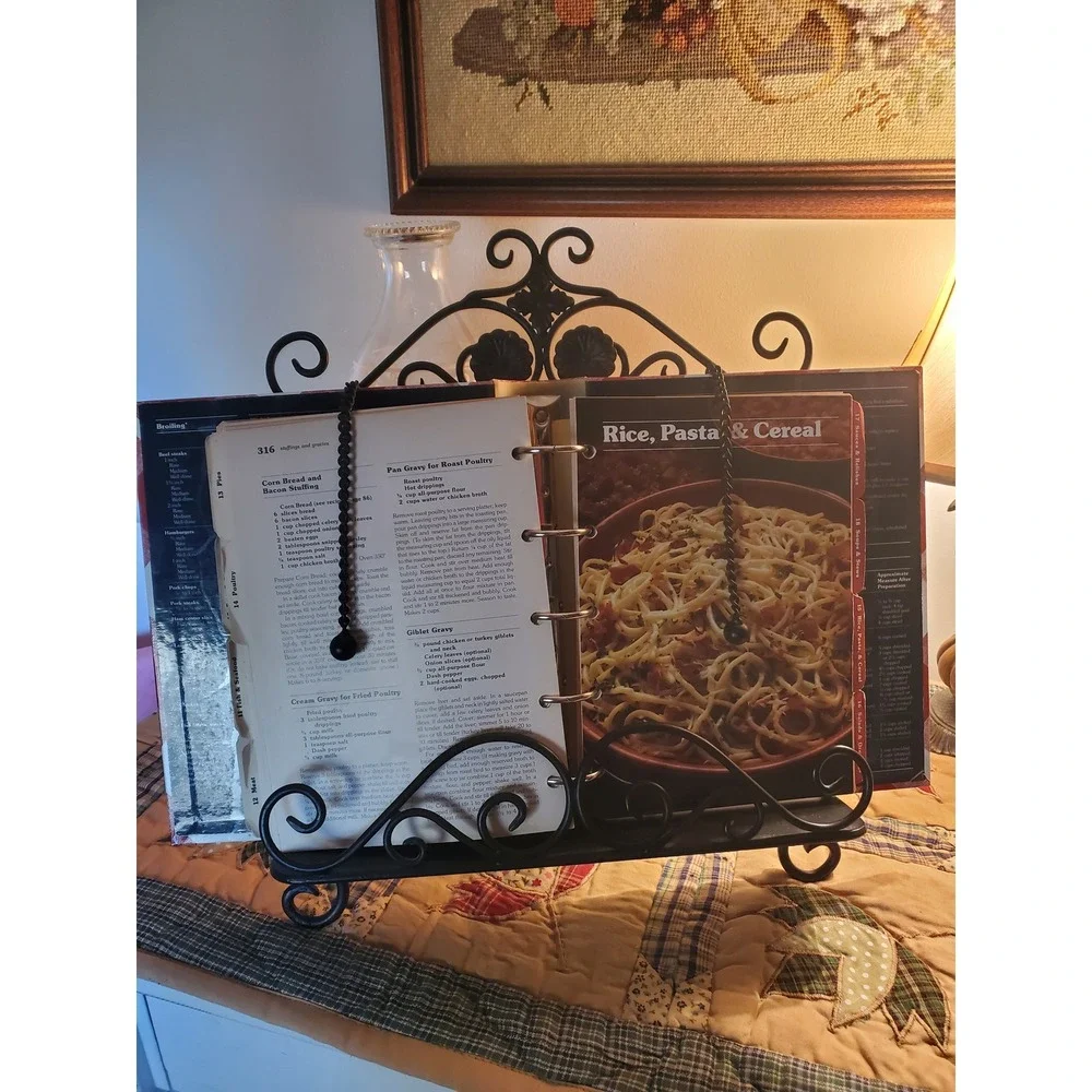 Vintage Sturdy Metal Scrollwork Cookbook Stand with Page Weights - Black
